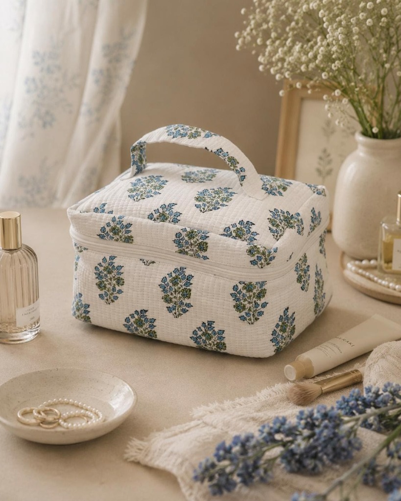 Blue Mughal Flora Quilted Vanity Train Case — handmade block-print cotton bag by Jai Fabrication
