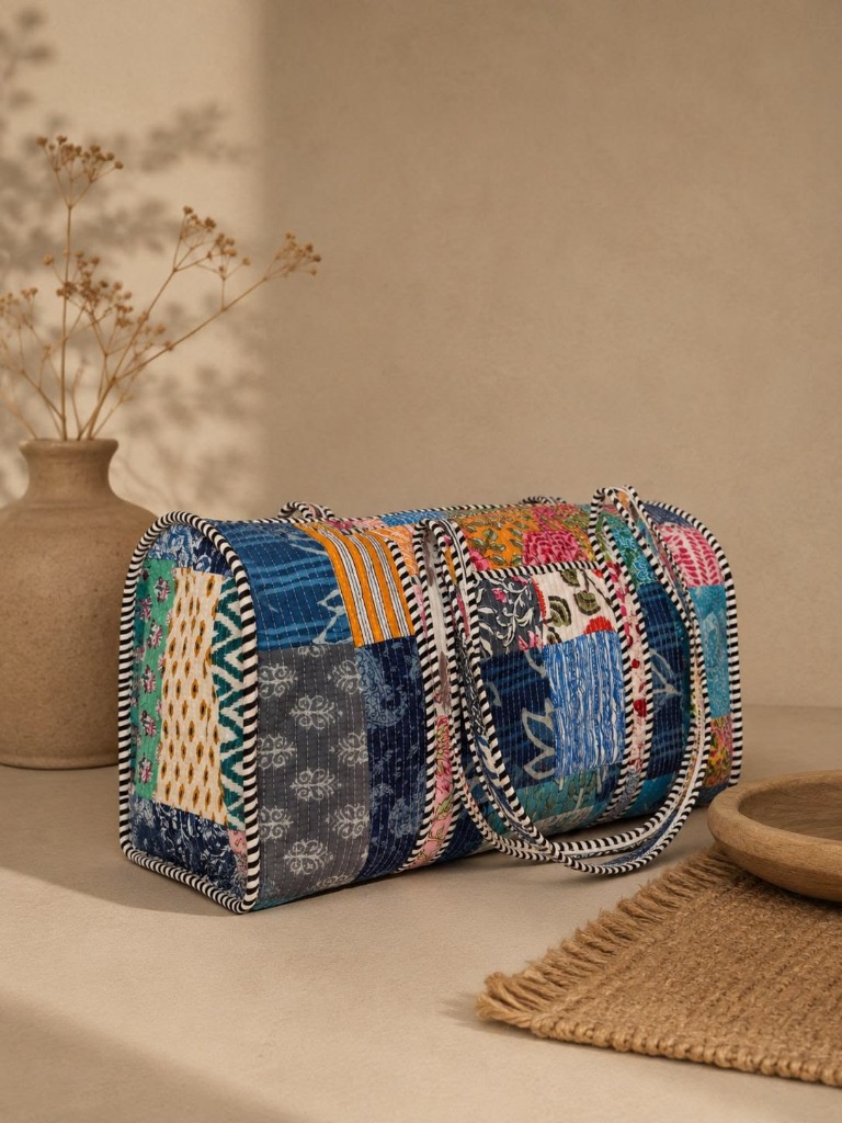 Bohemian Kantha Patchwork Travel Duffle — handmade block-print cotton bag by Jai Fabrication
