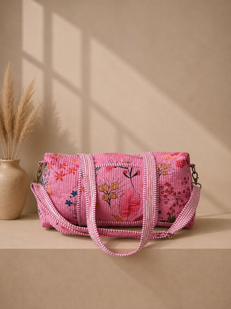 Dusty Rose Floral Quilted Weekend Duffle — handmade block-print cotton bag by Jai Fabrication