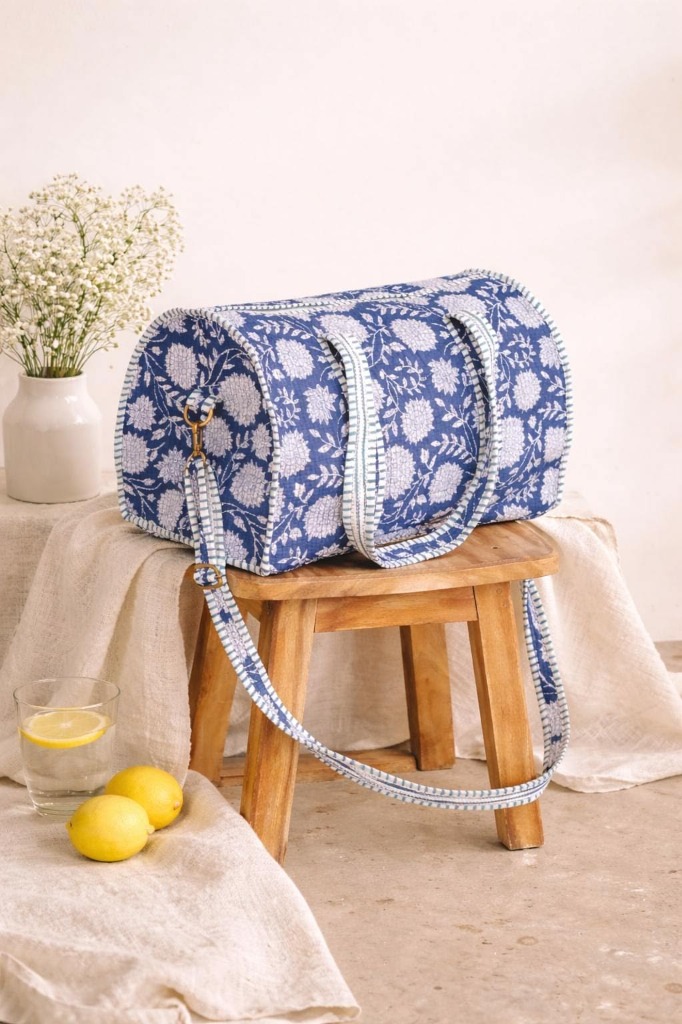Indigo White Floral Barrel Duffle Bag — handmade block-print cotton bag by Jai Fabrication