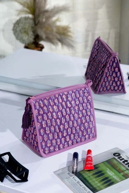Lavender Bloom Triangular Vanity Case — handmade block-print cotton bag by Jai Fabrication