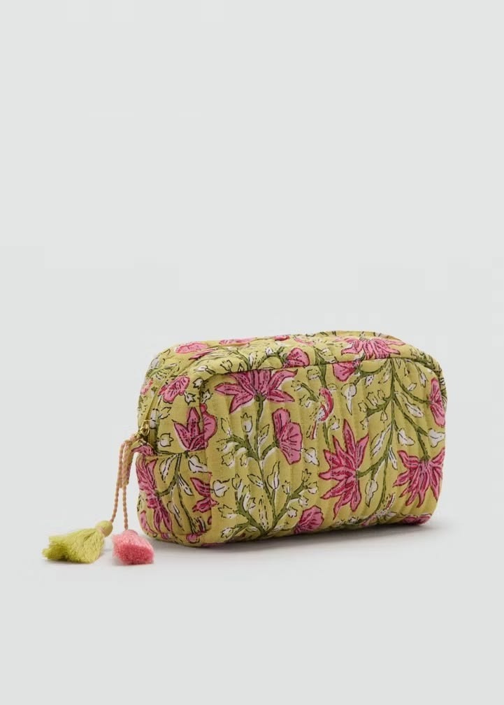 Lime & Pink Flora Quilted Cosmetic Pouch — handmade block-print cotton bag by Jai Fabrication