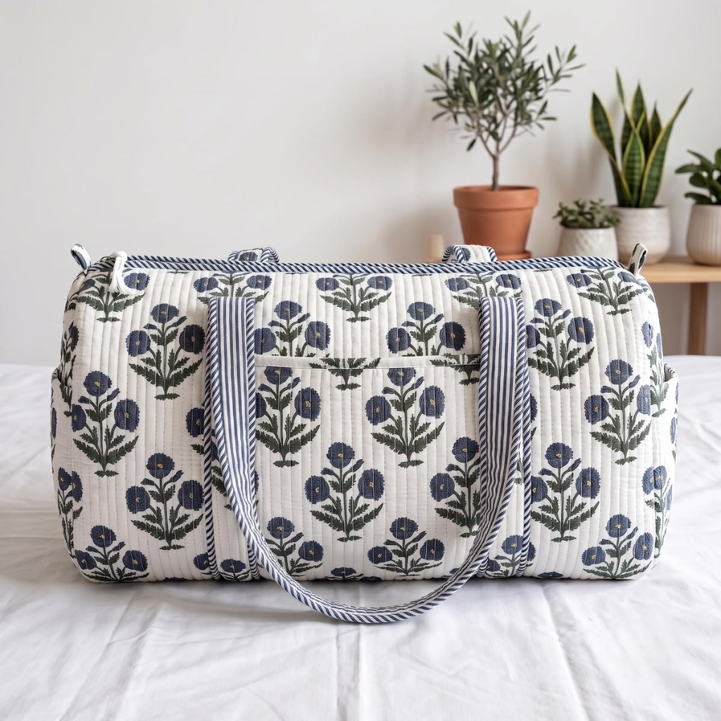 Mughal Botanical Quilted Holdall Bag — handmade block-print cotton bag by Jai Fabrication