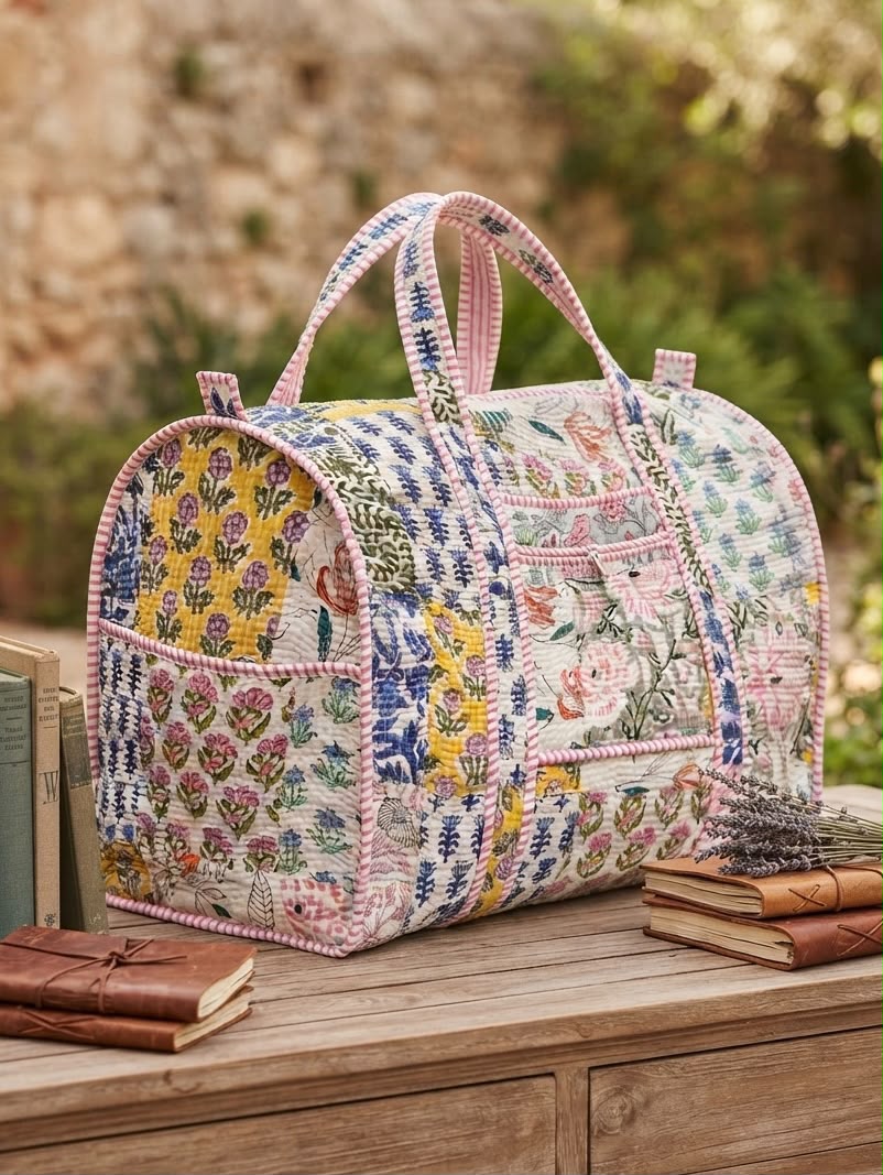 Patchwork Duffle Bag — handmade block-print cotton bag by Jai Fabrication