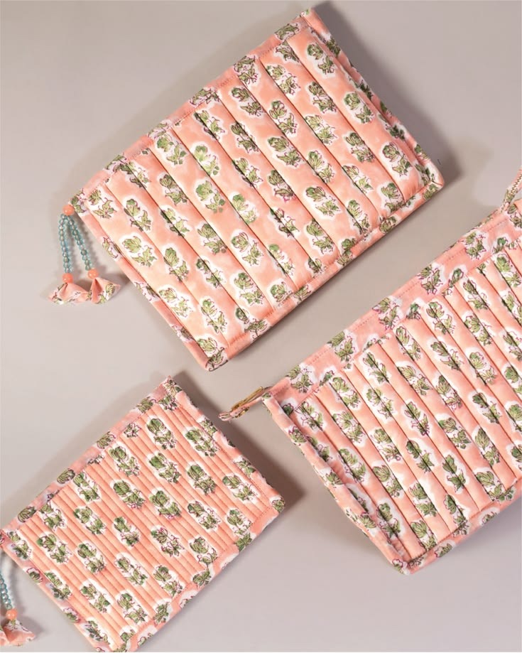 3-Piece Peach Pleated Cosmetic Clutch Nest — handmade block-print cotton bag by Jai Fabrication