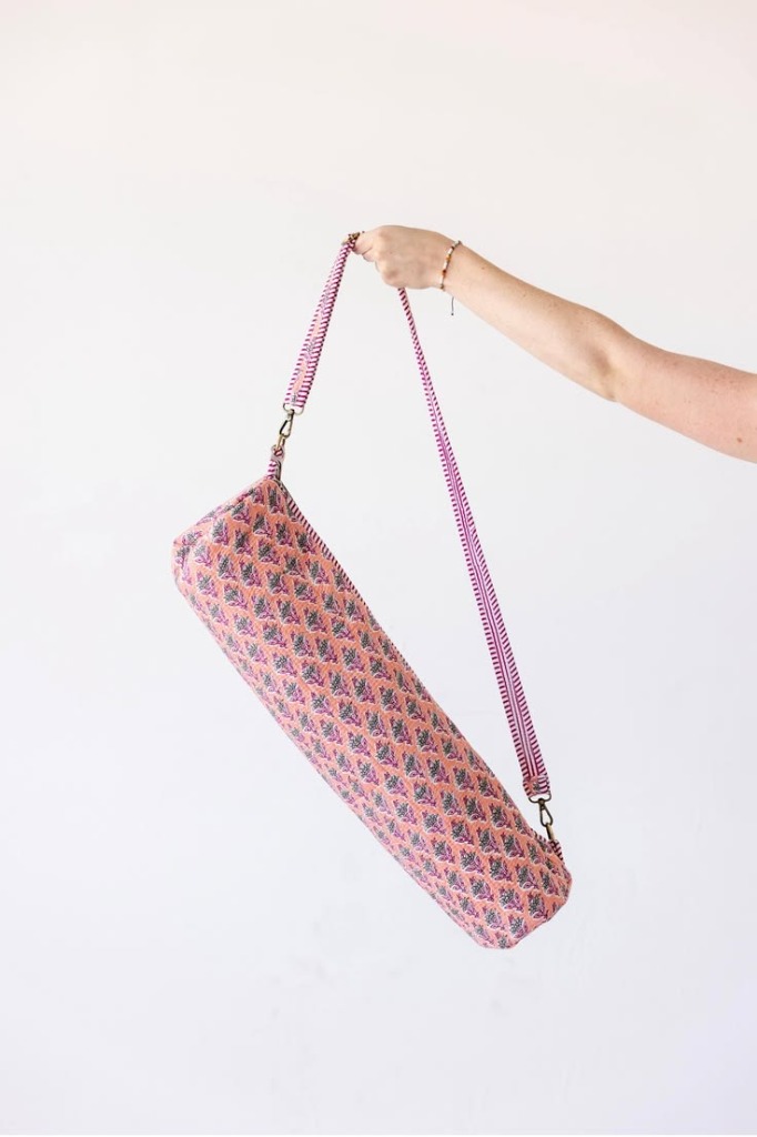 Peach Blossom Sanganeri Yoga Mat Carrier — handmade block-print cotton bag by Jai Fabrication