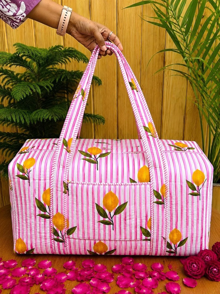 Pink Lemon Stripe Quilted Travel Holdall — handmade block-print cotton bag by Jai Fabrication