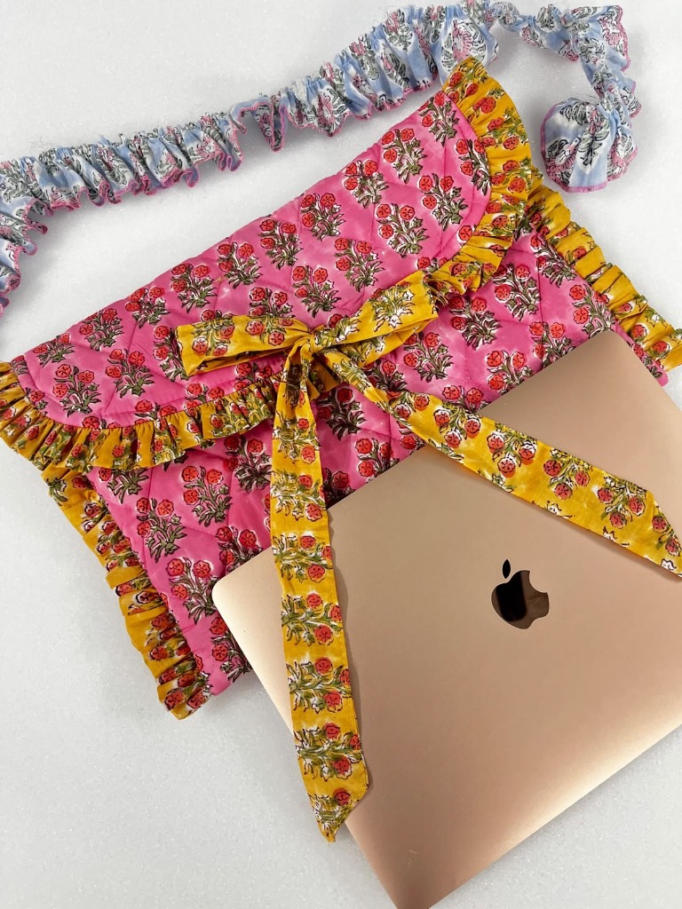 Pink Blossom Ruffled Quilted Laptop Sleeve — handmade block-print cotton bag by Jai Fabrication