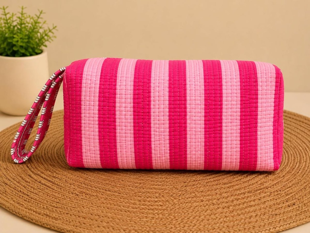Candy Pink Striped Quilted Clutch & Vanity Box — handmade block-print cotton bag by Jai Fabrication
