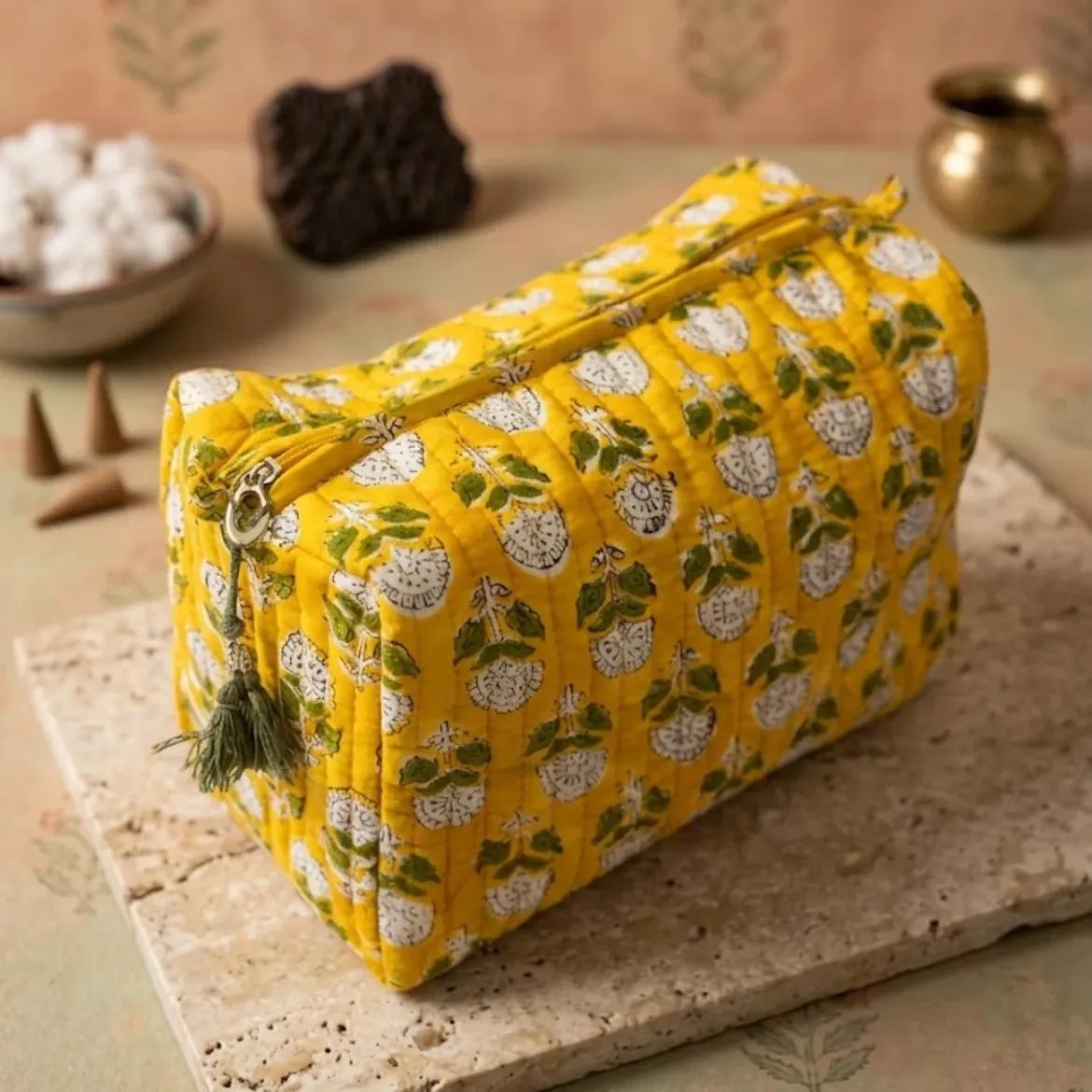 Yellow Quilted Pouch — handmade block-print cotton bag by Jai Fabrication